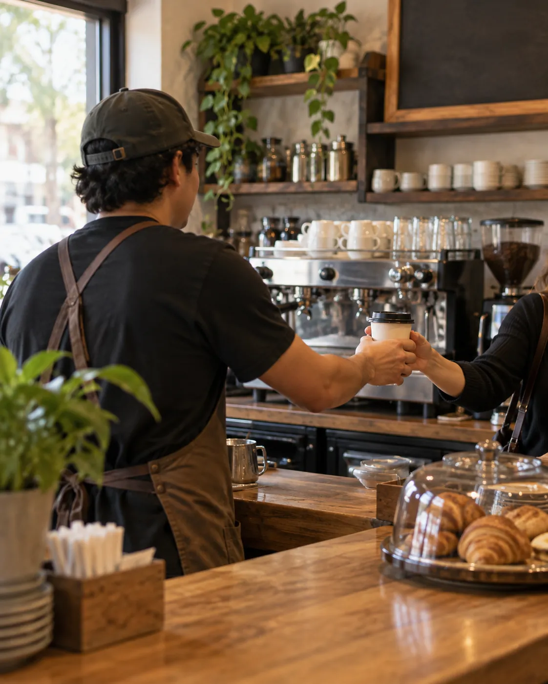 Barista entregando un café sobre el mostrador de una cafetería pequeña